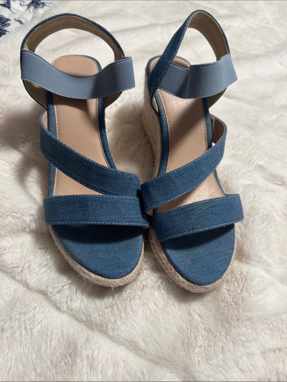 Blue Espadrille Wedge Sandals with Elastic Ankle Strap